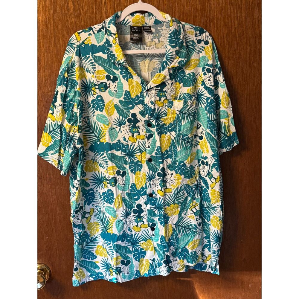 Disney Mickey Mouse Tropical Hawaiian Button Front Shirt XXL Rayon Camp Shirt